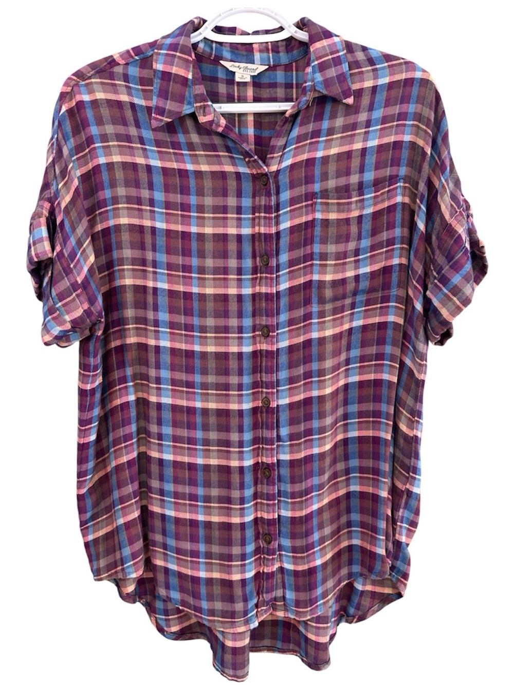 Lucky Brand Women’s Short Sleeve Plaid Button-Down Shirt - Purple Multi Size S